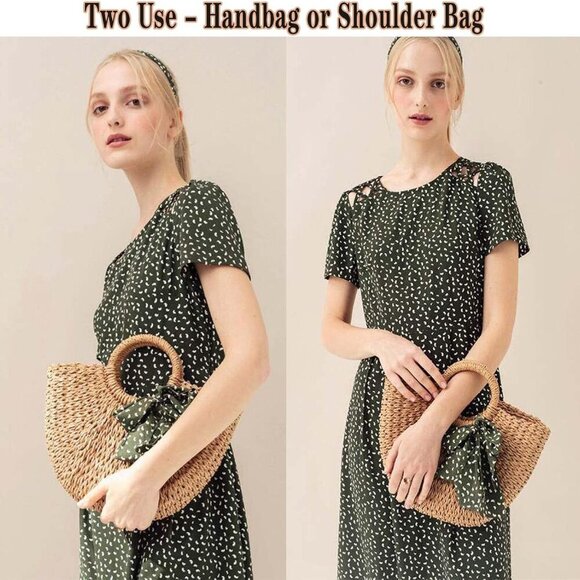 Straw Shoulder Bag Handmade Woven Purse Beach Clutch Crossbody for Women - Picture 6 of 6